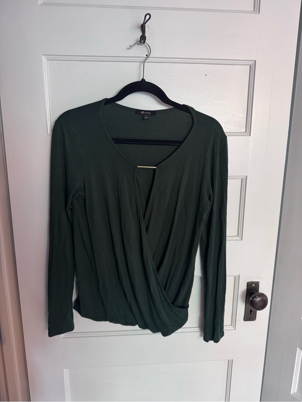 Ella Moss Olive Green Long Sleeve Faux Wrap Top with Gold Bar